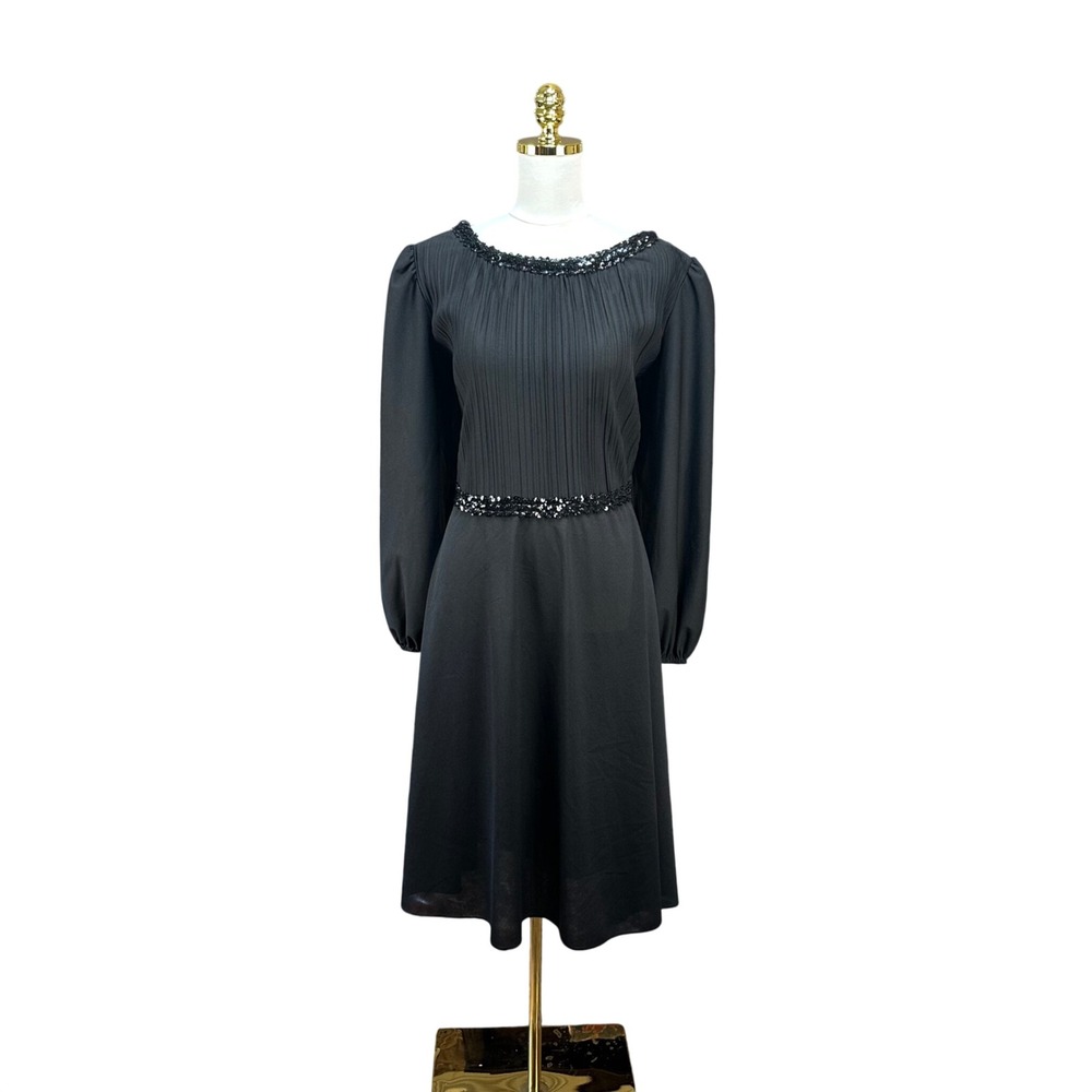 Vintage Boston Maid Black Pleated Sequin Trim‎ Balloon Sleeve Midi Dress Womens
